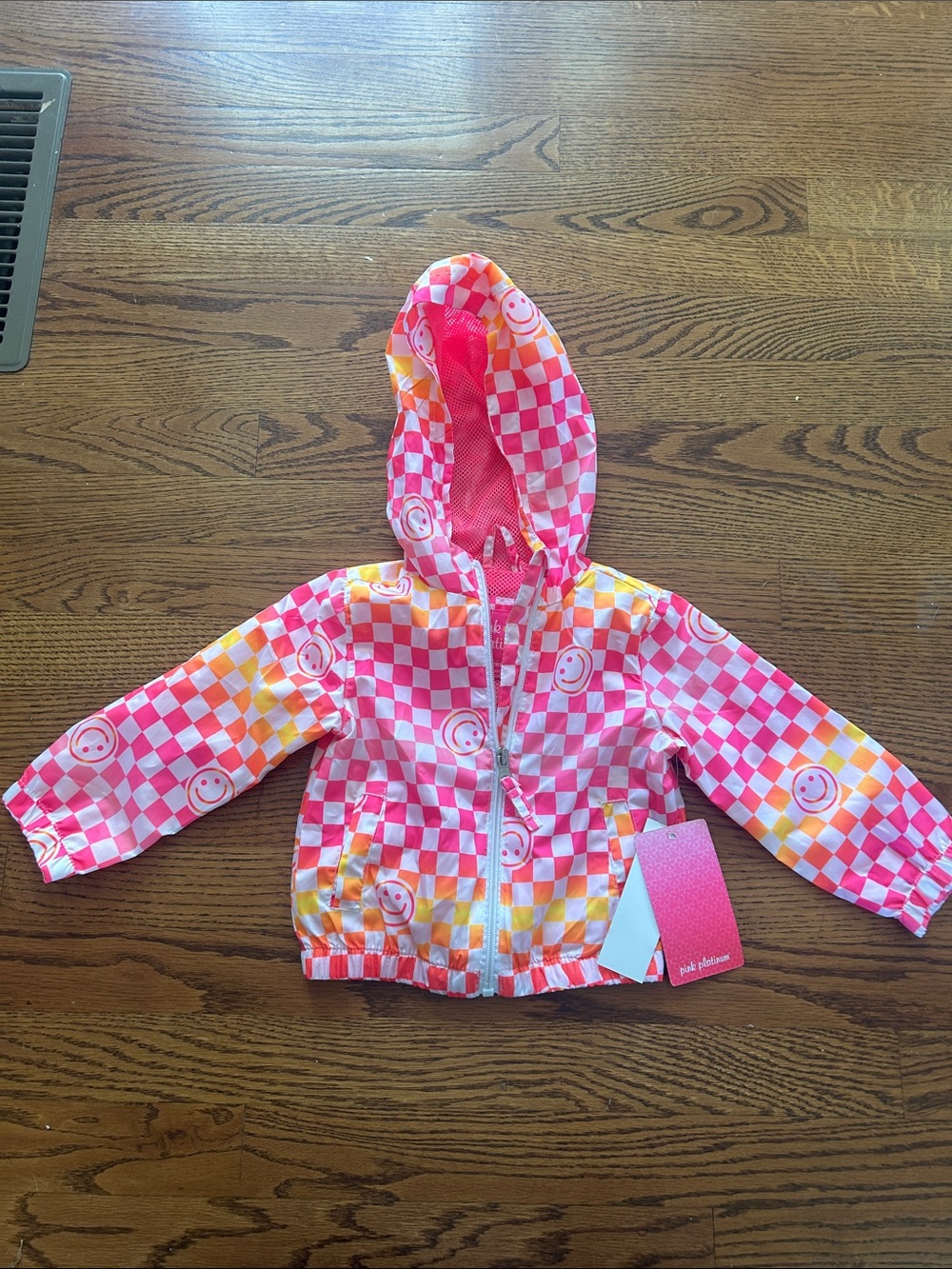 Pink Platinum Pink, Orange & Yellow Smiley Checker Hooded Raincoat